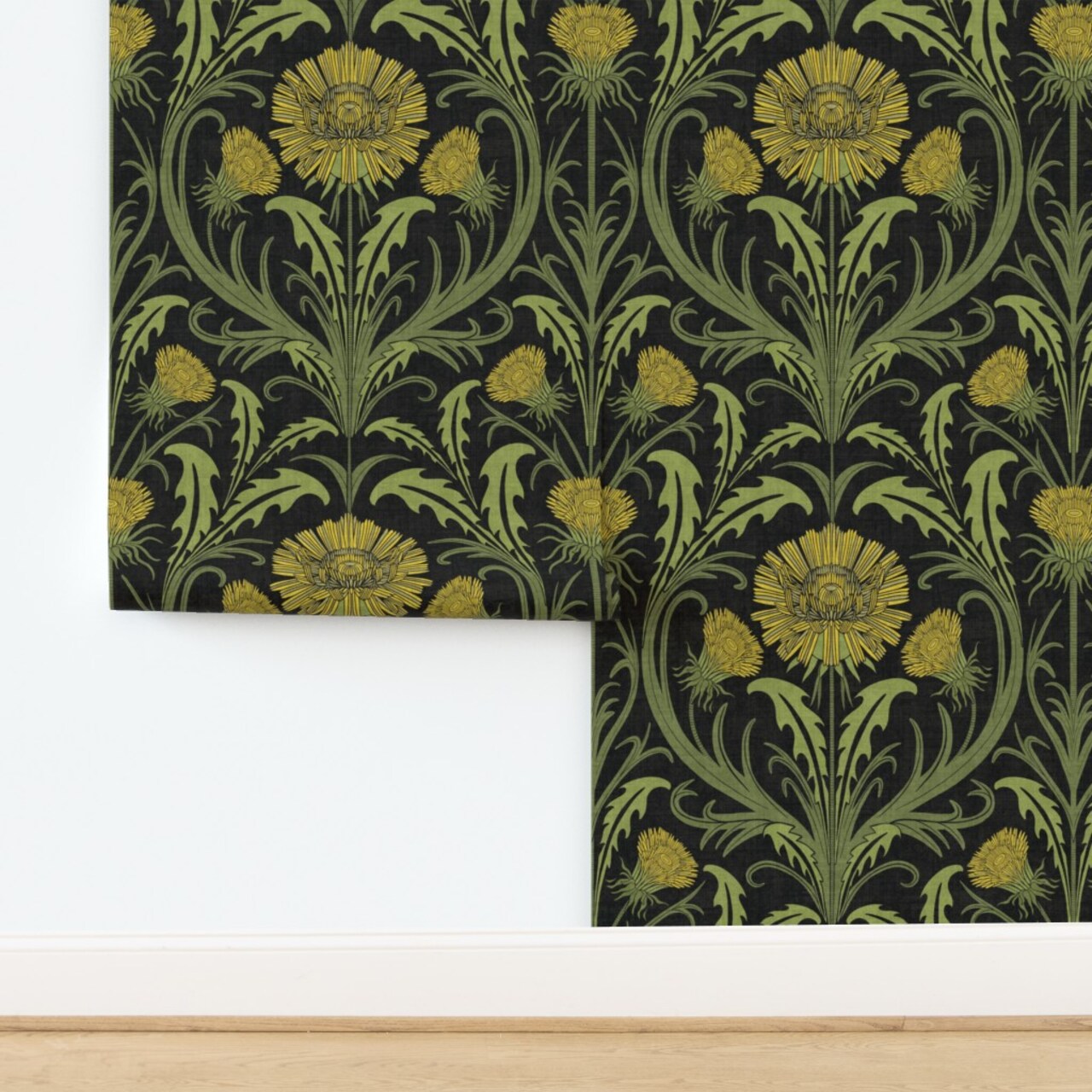Yellow Floral Green Botanical Flowers Art Deco Arts And Crafts Wildflowers Spring Summer Custom Removable Wallpaper by Spoonflower Peel & Stick Wallpaper 2FT Wide